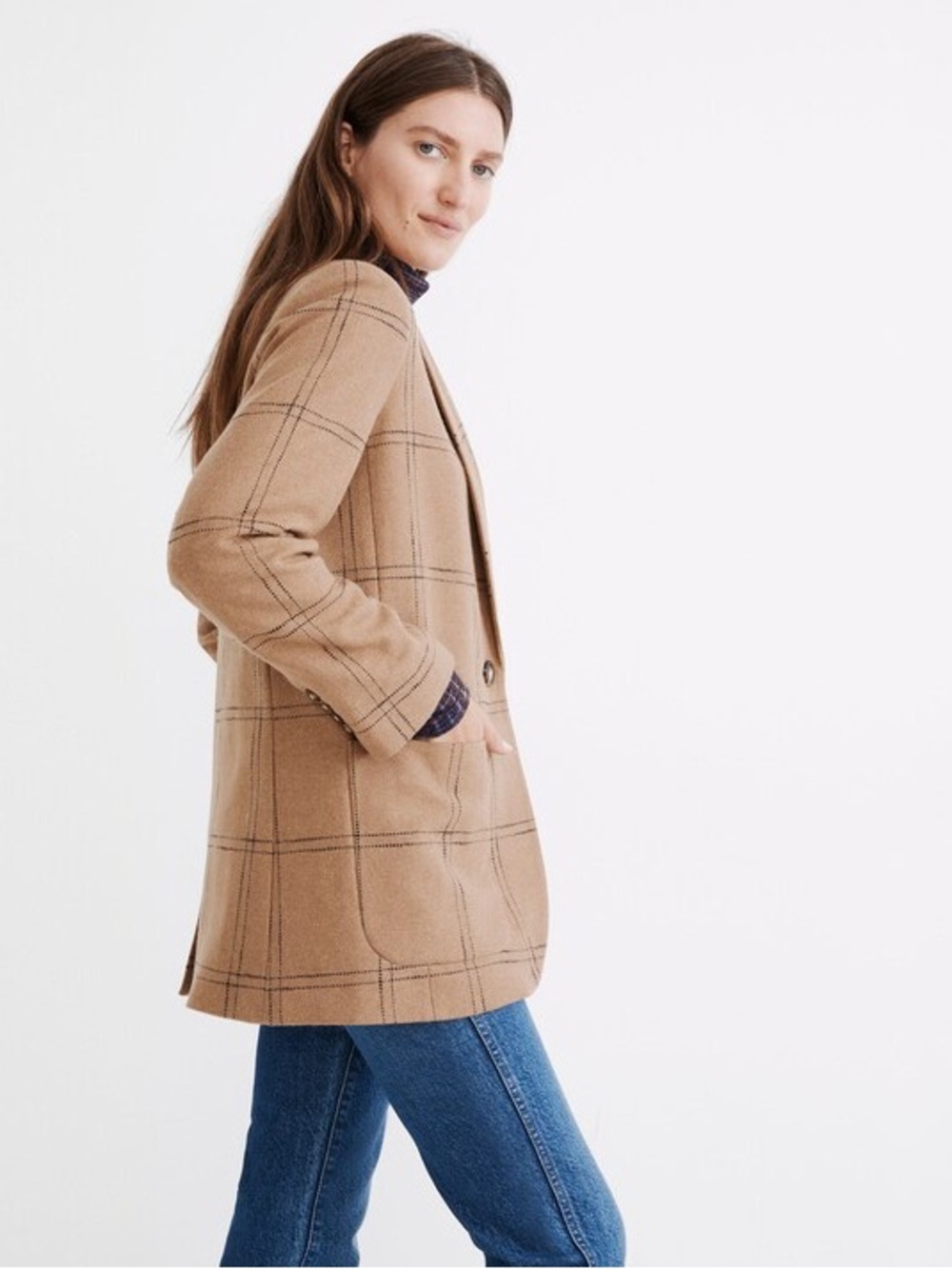 New with tags Madewell Larsen Windowpane Check Recycled Wool Blend Blazer Tan M - Picture 3 of 11